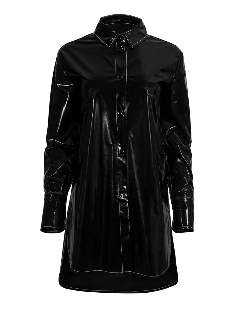 Front of a size 3X Patent Blouse in Black by Hilary MacMillan. | dia_product_style_image_id:288122